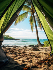 POV from a camping tent: scenic view of the the Tropical beach in La Romana, Dominican Republic - obrazy, fototapety, plakaty