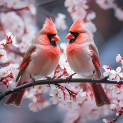 A serene dawn scene unfolds as a pair of cardinals, their vibrant plumage catching the first rays of sunlight, gracefully perch on an intricately curved tree branch