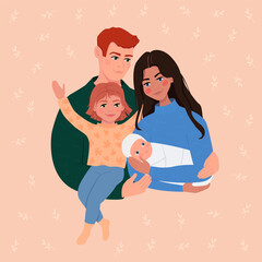 The family hugs. Father, mother, daughter and newborn baby. Warm cute modern illustration.