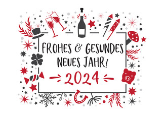 2024 frohes neues gesundes Jahr - rot weiß - Vektor Illustration mit deutschem Text