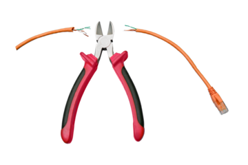 Cutting a computer network wire with wire cutters, isolated on a white background