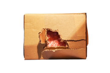 Stealing parcels and damaging the packaging of goods in the warehouse, isolated on a white background. Stealing and problems with the safety of cargo during postal delivery