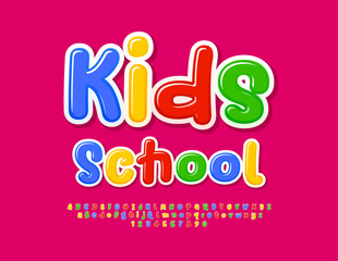 Vector colorful emblem Kids School with funny handwritten Font. Glossy set of Alphabet Letters, Numbers and Symbols.