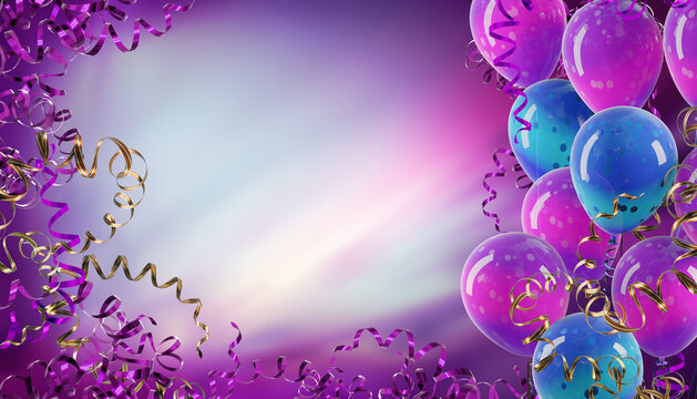 Bouquet of purple balloons and festive ribbons with rays of light in the background. Create your own celebration card with this abstract background. Area to add your personalized text.