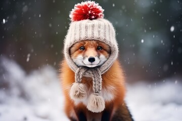 Cute happy fox in winter wearing christmas and warm cloth comeliness