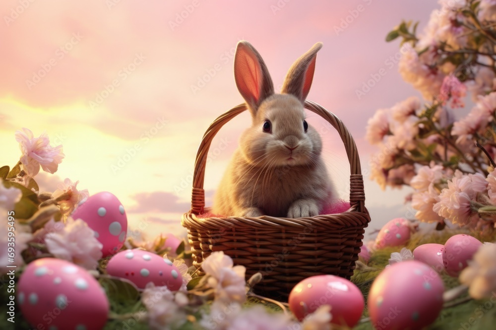 Poster Rabbit inside a basket with easter eggs around, easter holiday and culture concept. Generative AI