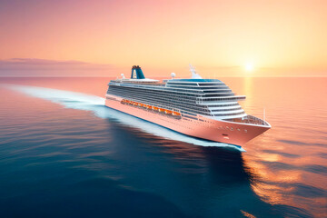 Luxury cruise ship sailing to port on sunrise. Trending color concept of the year 2024 Peach Fuzz. - obrazy, fototapety, plakaty