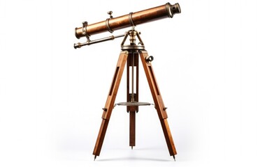 Fototapeta premium Vintage golden telescope with tripod, white background. Generative AI