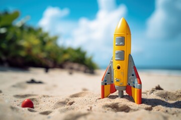 Illustration of a toy rocket on the beach sand, sea in the background, business and startup concept. Generative AI
