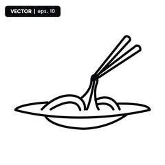 icon of noodles in a plate, icon of eating noodles using chopsticks. vector eps 10