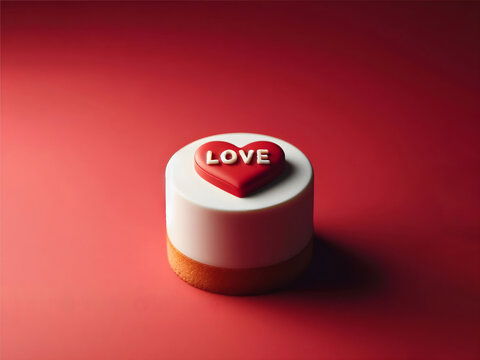 Torta cheesecake di San Valentino bianca e rossa, decorata con cuori e con la parola "love", in stile render 3D