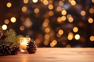 Fototapeta na wymiar Merry Christmas and Happy New Year background with empty wooden table over Christmas tree and blurred light bokeh. Empty display for product placement. Rustic vintage Xmas 2024 background. comeliness