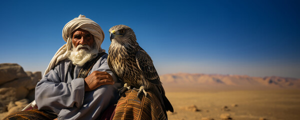 Elderly Arab man training falcon in the desert