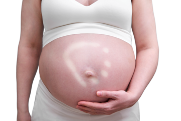 Pregnant woman and hand mark on tummy, isolated on a white background