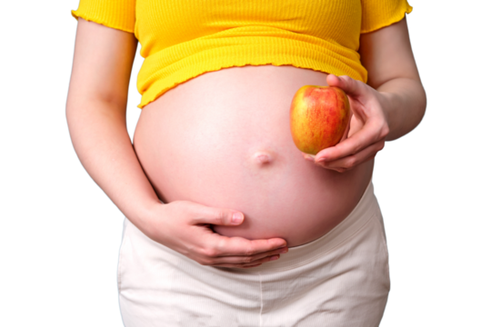 Red apple in the hands of a pregnant woman, isolated on a white background - Powered by Adobe