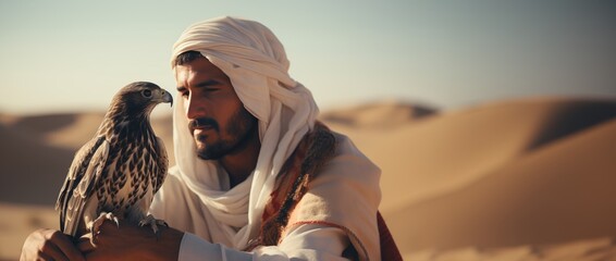 Closeup of Arab man training falcon in the desert