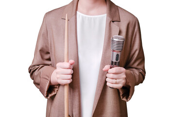 Woman teacher holding microphone in hand on studio isolated on a white background, copy space