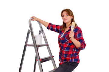 A woman painter in a plaid shirt stands on a ladder with a brush in her hand, isolated on a white background