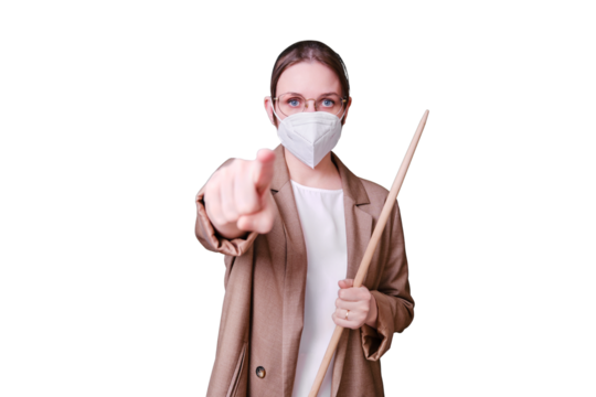 Woman teacher in medical face mask shows forefinger forward on studio isolated on a white background, copy space
