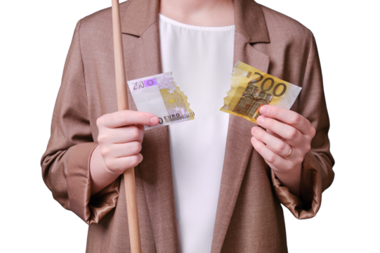 Woman teacher holding torn euro banknote on studio isolated on a white background, close-up