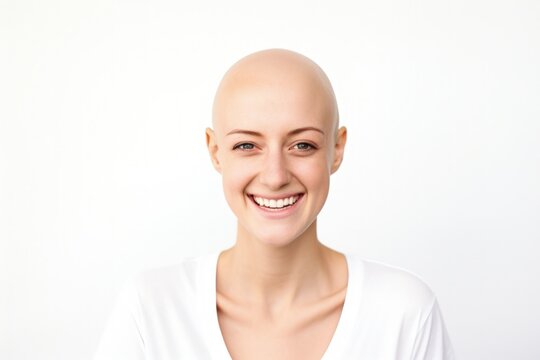 Beautiful bald woman smiling fighting cancer, World Cancer Day, white background, digital illustration. Generative AI