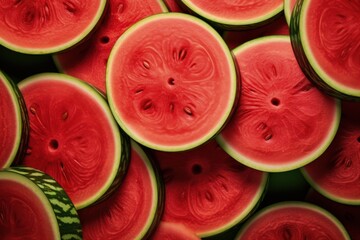 Illustration of several watermelon slices, green background. Generative AI