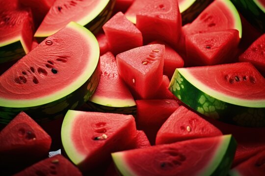 Illustration of several watermelon slices, green background. Generative AI