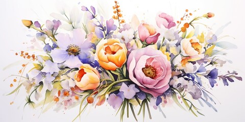 ilustração de um buquê de flores - varias cores de flores e folhas em um arranjo delicado - fundo branco  - obrazy, fototapety, plakaty