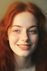 Capturing the essence of joy, this portrait showcases a young redhead's delightful smile, her skin and freckles illuminated by a warm, inviting light. Generative AI