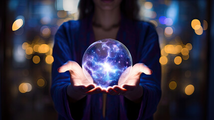 Fototapeta premium Illustration of a women casting magical sphere from her hands. Mystical illustration of etheral power.