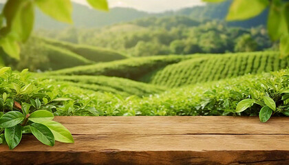 Empty wooden table or wooden desk on nature background of green leaves and tea plantation - Powered by Adobe