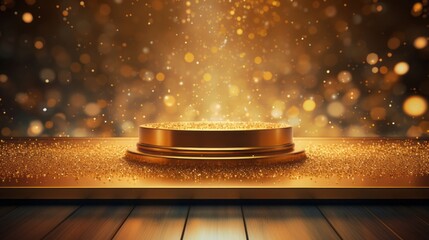 Background black podium stage gold award glitter light 3d platform product golden pedestal. Podium...