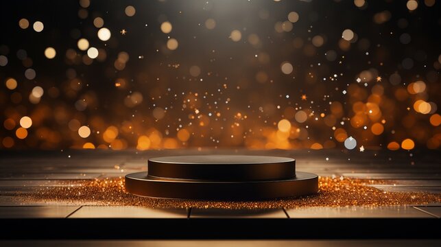 Background Black Podium Stage Gold Award Glitter Light 3d Platform Product Golden Pedestal. Podium Show Black Background Abstract Elegant Ceremony Dark Display Spotlight Effect Confetti Night Scene