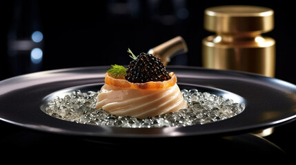 Salmon red caviar and sturgeon black caviar dish severed in a steel plate in a luxurious restaurant. Generative AI - obrazy, fototapety, plakaty