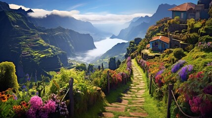 A stunning view of the mountainous terrain of Madeira Island, with terraced farms, colorful...