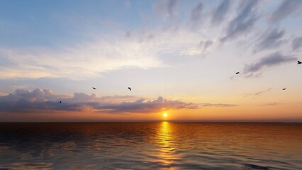 Naklejka premium Dramatic sea sunset. Burning sky and shining golden waves. Sunset sea 4k. Red sky, yellow sun and amazing sea. Summer sunset seascape. 