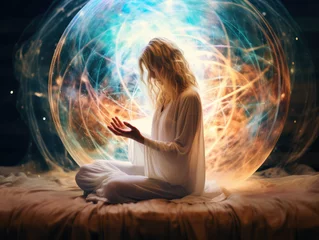 Fotobehang Illustration of a women casting magical sphere from her hands. Mystical illustration of etheral power. © Jan