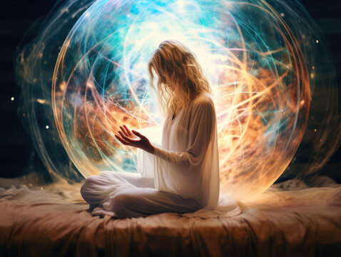 Illustration of a women casting magical sphere from her hands. Mystical illustration of etheral power.