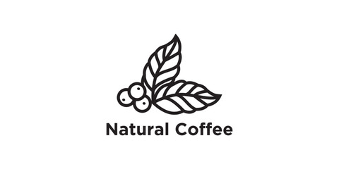simple badge of coffee beans with beans and leaf branch natural line stamp vector logo icon design in hipster vintage modern style