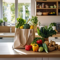 Fresh vegetables and grains in a reusable shopping bag on a counter in a sunny kitchen. food, ecology, healthy lifestyle and everyday life