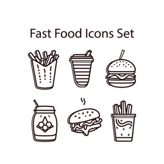 Simple Cute Black White Minimalist Fast Food Icon Set Burger, Fries, Juice in Flat Design  Line Art on White Background