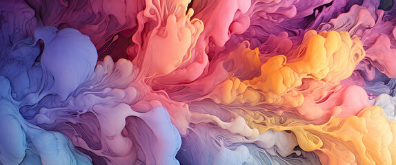 Image of morphing cloud formations in rich, saturated colors. The clouds is depicted as dynamic and fluid, constantly changing shape, with swirls and billows that suggest movement. The colors of the - obrazy, fototapety, plakaty