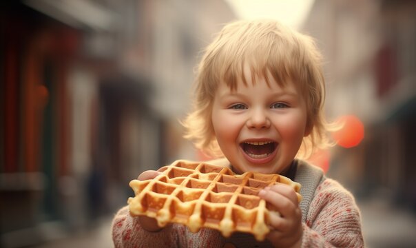 Close-up portrait of a  cute child eating a Belgian waffle in the street, blurred background, beautiful photograph of a little girl holding a brown tasty pastry, a plain cake she is going to bite into