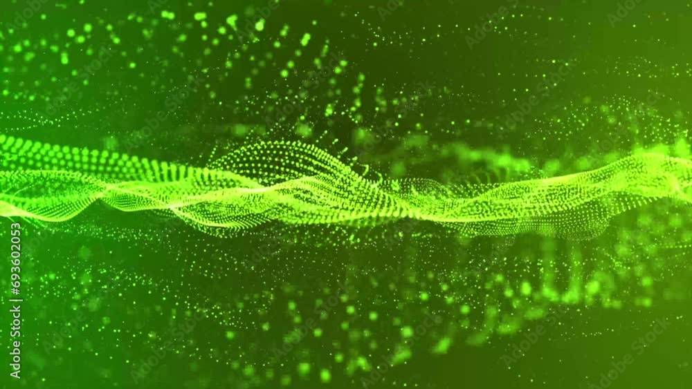 Poster flowing green dots and particles on deep blue background. abstract digital particle and dots wave li
