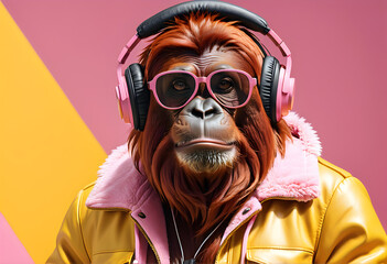 Orangután con gafas de sol sobre fondo rosa y amarillo. Mono peludo con cascos de música y chaqueta de cuero amarillo. Hecho con IA. - obrazy, fototapety, plakaty