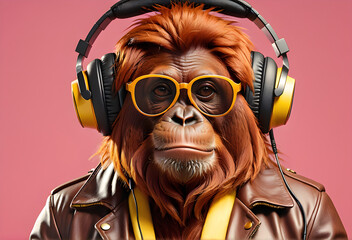 Orangután sobre fondo rosa con espacio de copia. Animal peludo con chaqueta de cuero marrón. Mono con cascos de música. Hecho con IA.  - obrazy, fototapety, plakaty