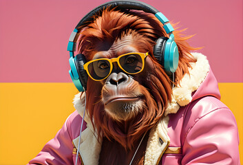 Orangután con cascos de música sobre fondo rosa y amarillo. Animal peludo con chaqueta rosa y gafas de sol. Animal sobre fondo con espacio de copia. Hecho con IA. - obrazy, fototapety, plakaty