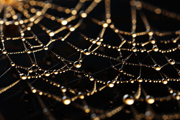 Intricate art of weaving spider webs. The web with dewdrops is detailed and symmetrical, with delicate threads intersecting in a complex, geometric pattern. The background is dark, with copy space. - obrazy, fototapety, plakaty
