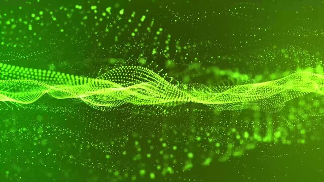 Flowing green dots and particles on deep blue background. Abstract digital particle and dots wave light abstract background, animation cyber or technology background. 3d abstract animation