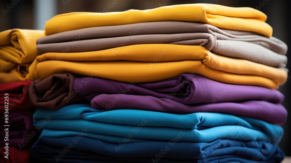 Poster a stack of folded clothes on a table with some in the background, ai